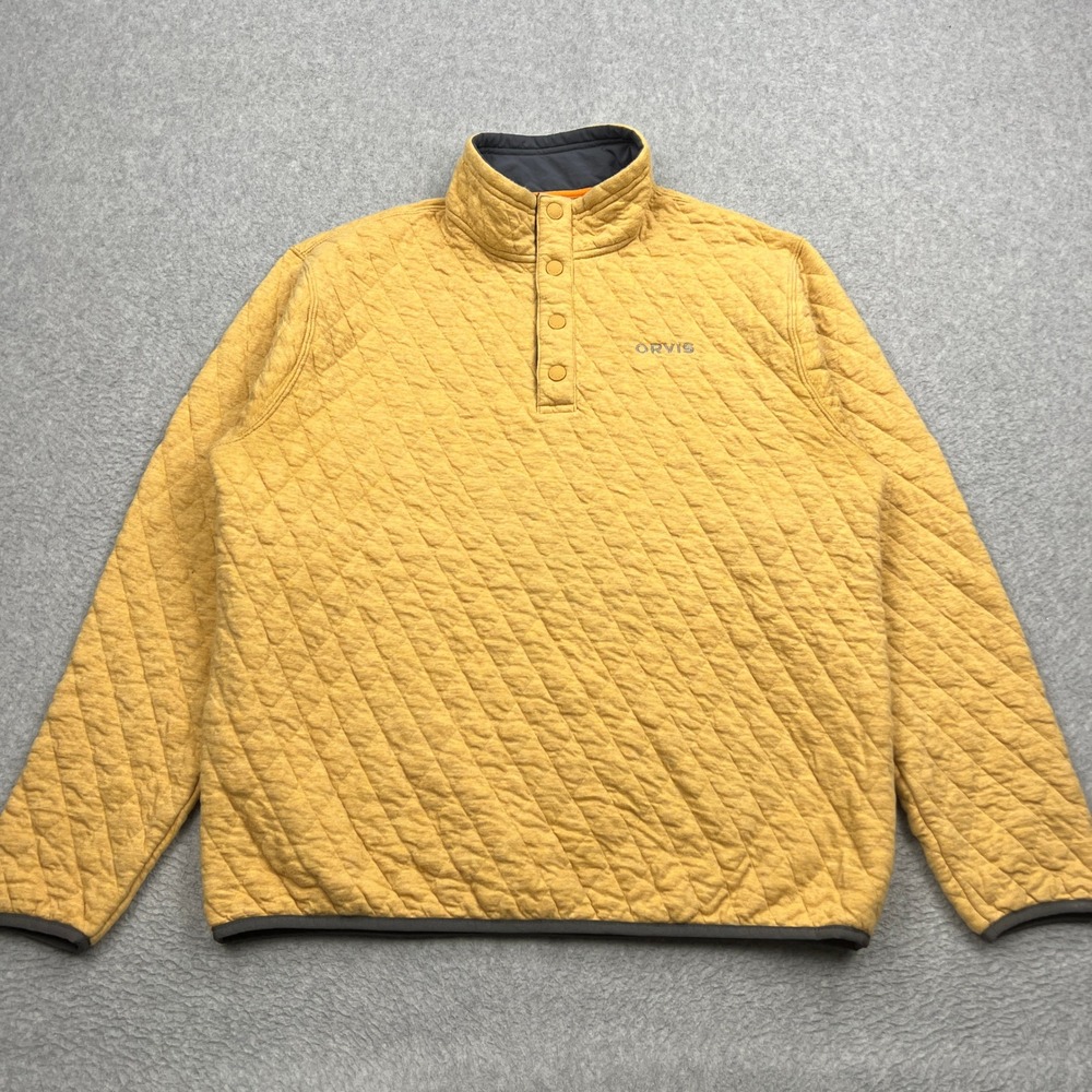 Orvis Quilted 1/4 Snap Sweatshirt Mens Medium Yellow Mock Neck Henley Pullover